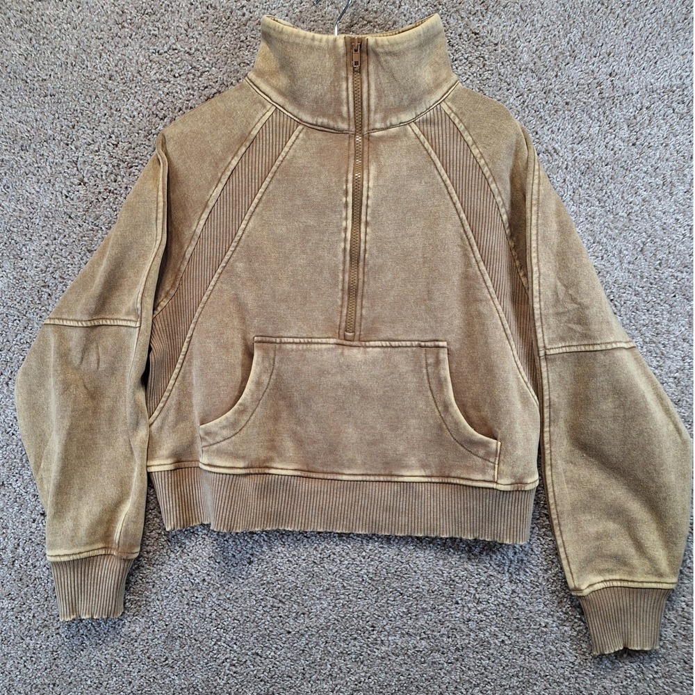 Zenana Pullover Womens M Tan Acid Wash Quarter Zip Fleece Sweatshirt Boho Cozy
